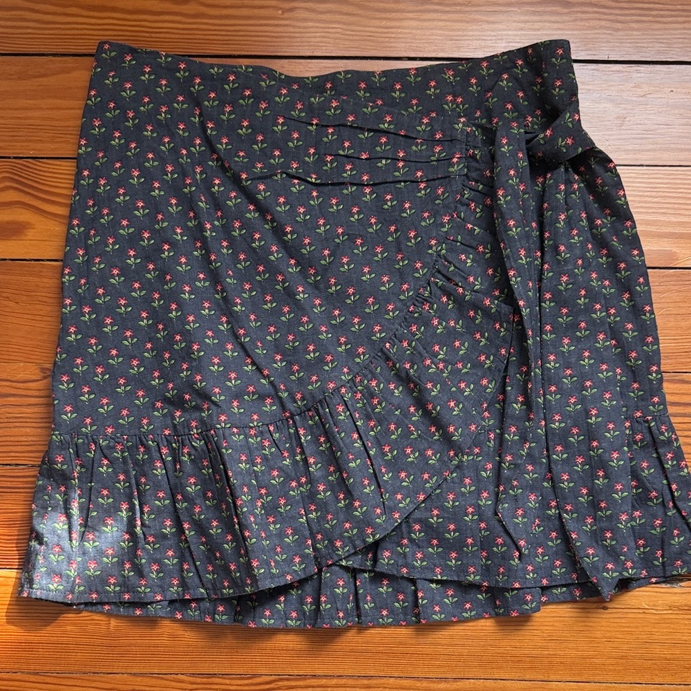 Floral Faux Wrap Ruffle Skirt - Black with Pink Flowers